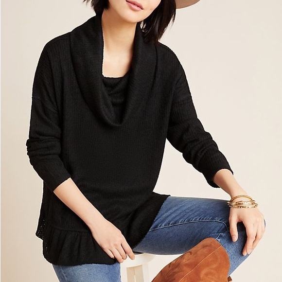 Anthropologie | Maeve Addie Ruffled Hacci Cowlneck Pullover in Black Size Small - Picture 2 of 14
